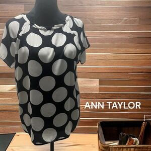ANN TAYLOR, SIZE M, BLACK with WHITE POLKA DOTS, SHORT SLEEVE BLOUSE. I-7
